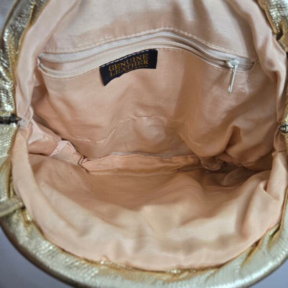 Genuine Leather Vtg USA Gold Silver Metallic  Patchwork Studded Clam Shell Bag - Picture 6 of 10